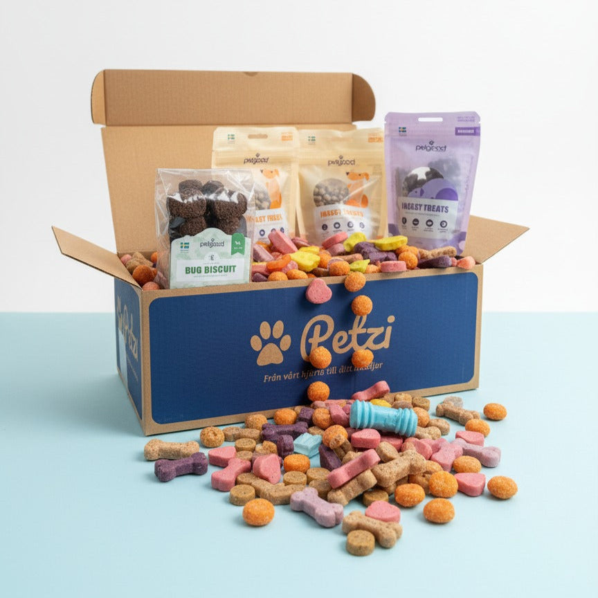 Open Petzi pet product box with various pet treats and toys on a light blue background