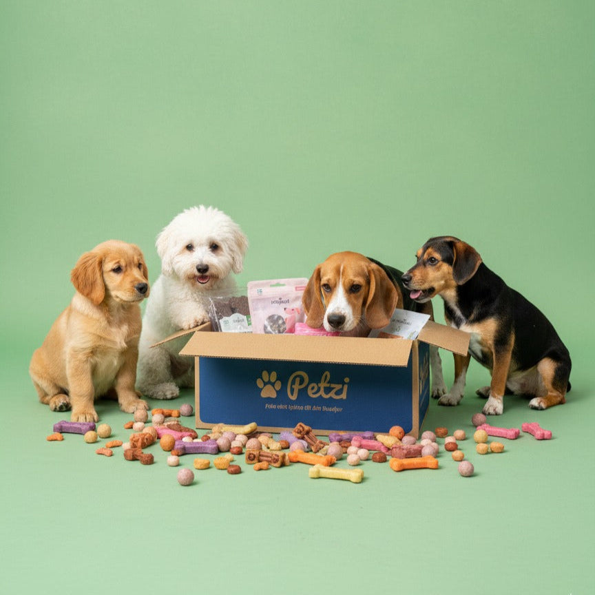 Four puppies around a Petzi box with pet supplies on a green background