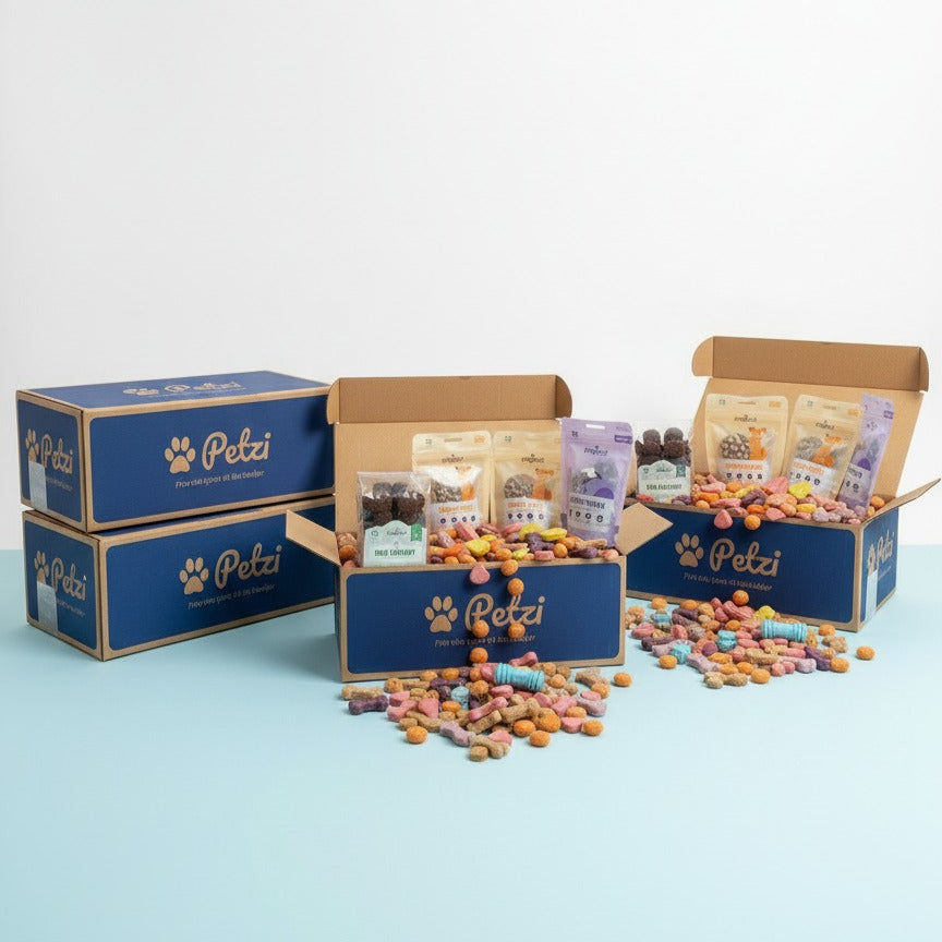 Petzi pet food boxes with open box revealing assorted pet treats on a light blue background