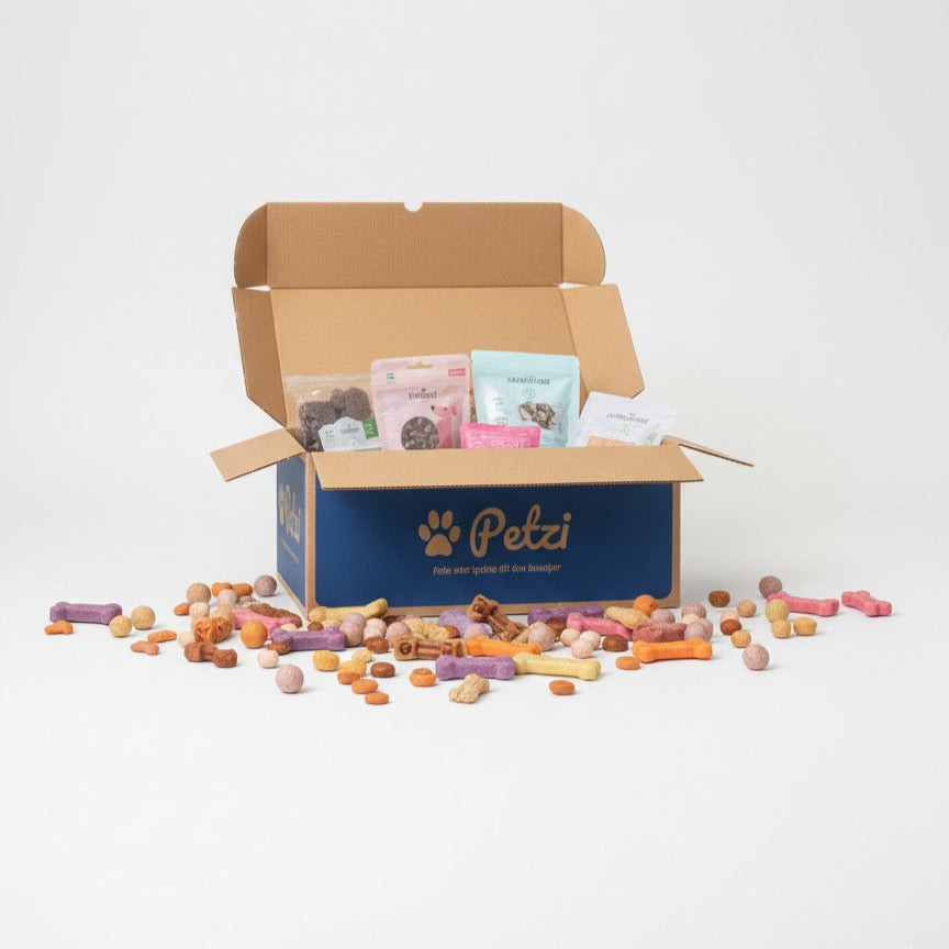 Open pet subscription petzibox with treats and toys spilling out on a white background