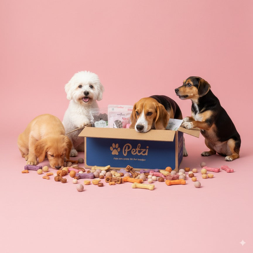 Four dogs around a Petzi box with pet food on a pink background