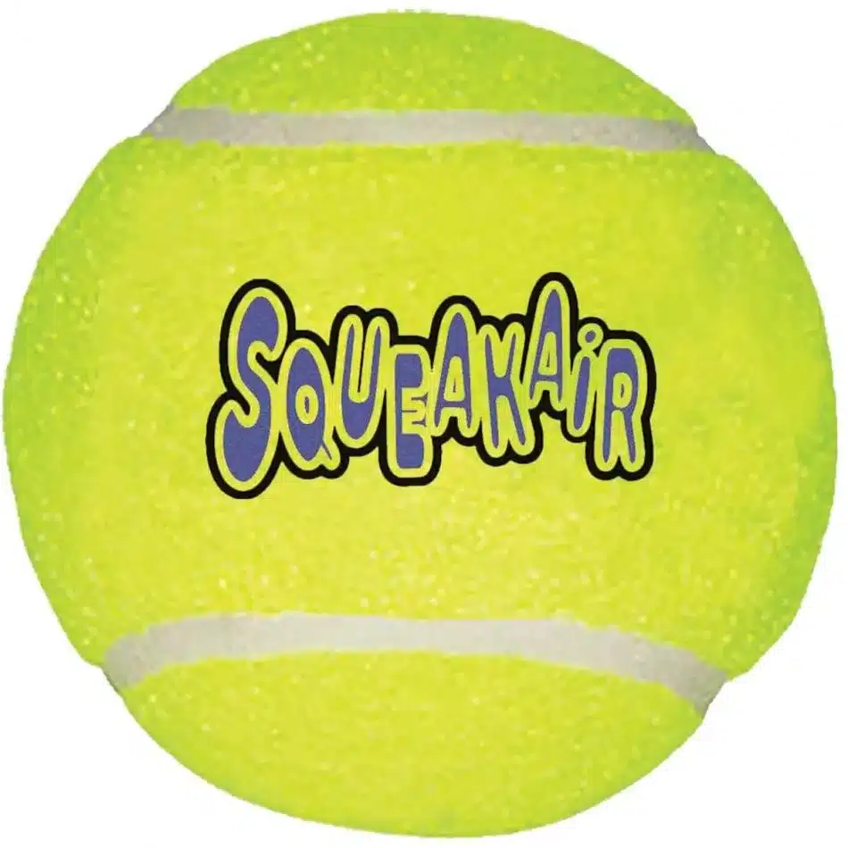 En klar gulgrön tennisboll med en suddig struktur, perfekt för din hund. Ordet "Squeakair" är tryckt i fetstilade blå och vita bokstäver tvärs över bollens mitt. Vita böjda linjer är synliga på toppen och botten, vilket indikerar sömmarna på denna petzivänliga leksak.