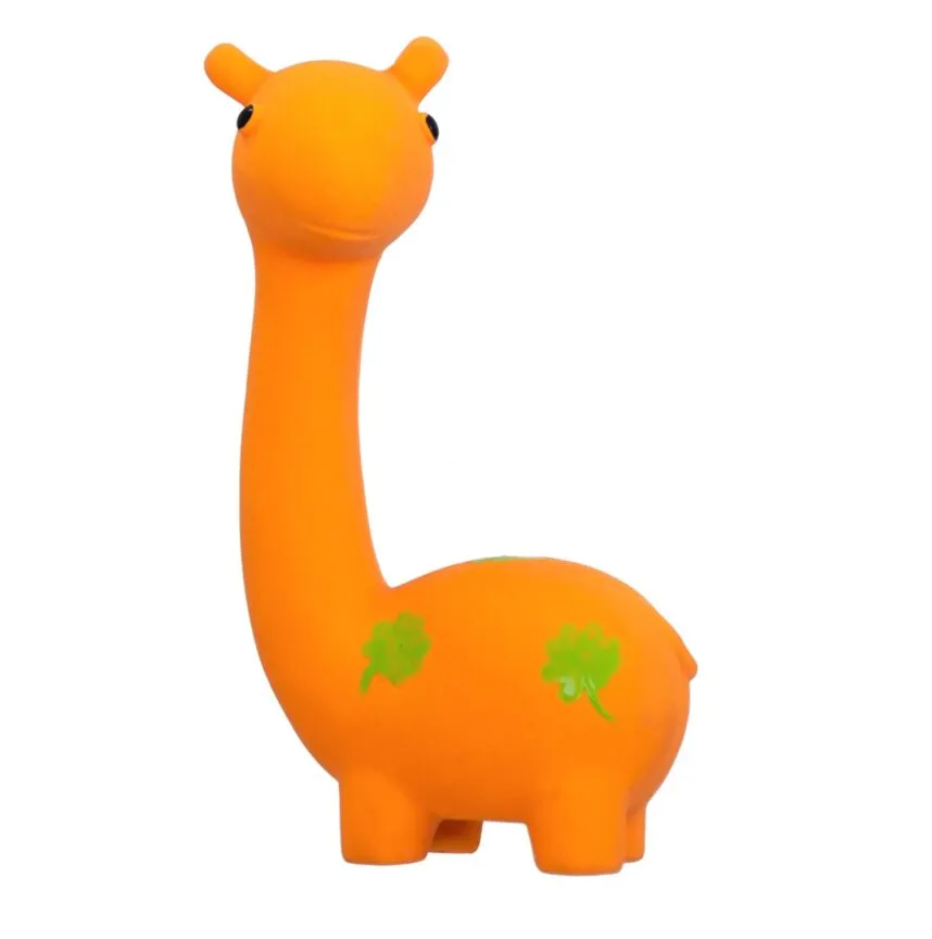 En liten, orange leksaksgiraff med en förenklad, tecknad design. Med en långsträckt hals och små svarta ögon, visar den också bedårande gröna bladmönster på kroppen, vilket gör den till ett charmigt tillskott till alla Petzi-kollektioner.