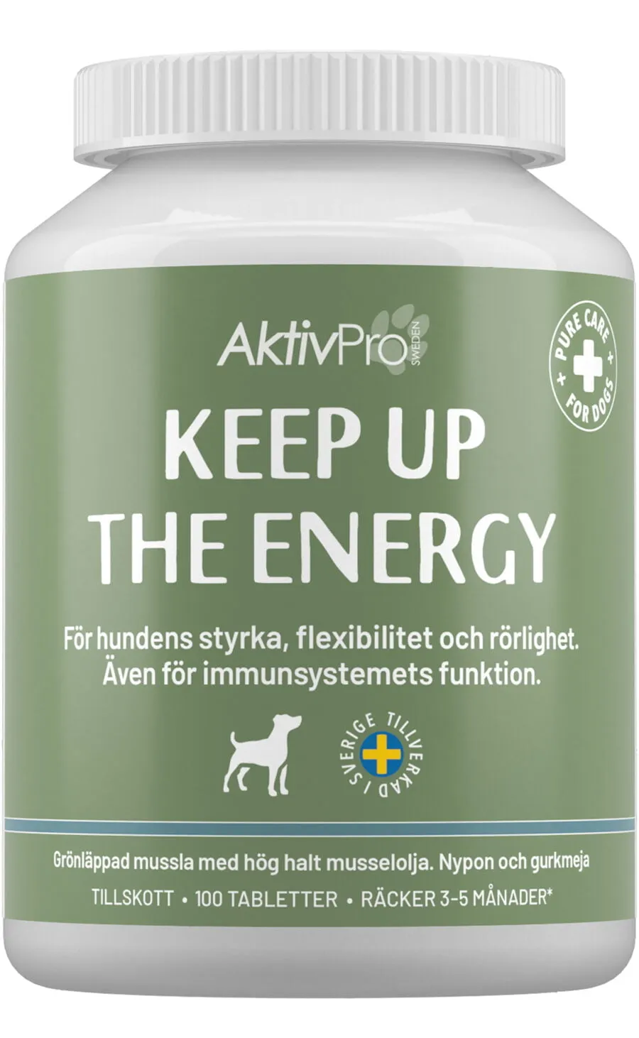 En behållare med AktivPro hundtillskott märkt "KEEP UP THE ENERGY" för styrka, flexibilitet, rörlighet och stöd för immunsystemet. Behållaren har 100 tabletter och texten är på svenska. Den har en siluett av en hund och en svensk märkning, perfekt för din hunds hälsa.