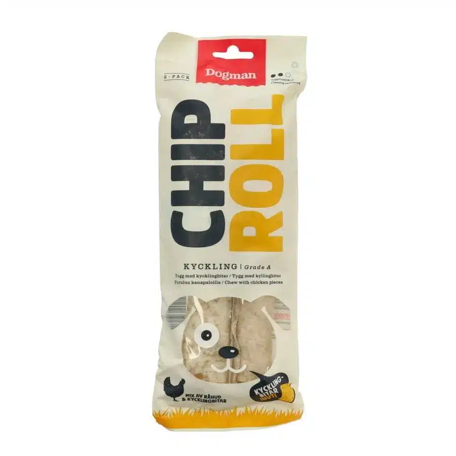 Ett paket med Dogman Chip Roll. Den vita förpackningen med bruna bokstäver har en illustration av en hund och innehåller kyckling, vilket framgår av texten och bilden på förpackningen. Perfekt för din hund eller katt, denna produkt sticker ut mot sin vita bakgrund.