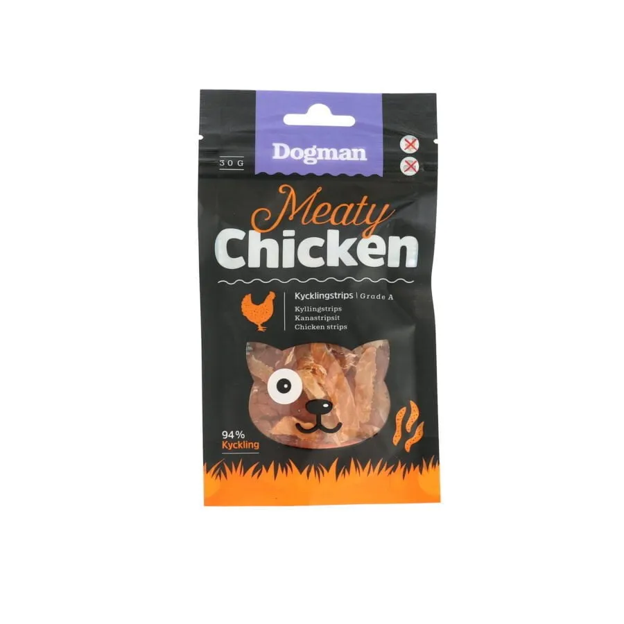 Ett paket Dogman Meaty Chicken hundgodis, med ett illustrerat hundansikte. Den svarta och orangea förpackningen framhäver "Kycklingstrips" och "94% Kyckling" (94% Chicken). Den återförslutbara 90-gramspåsen är märkt som kvalitet A, perfekt för din hund eller katt.