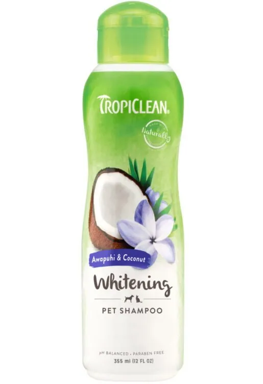 En flaska TropiClean Whitening Pet Shampoo. Flaskan har ett grönt lock och en etikett som visar en kokosnöt och en lila blomma. Den är märkt som "Awapuhi & Coconut" och "pH-balanserad, parabenfri", innehåller 355 ml (12 fl oz) produkt – perfekt för din hund eller katt.