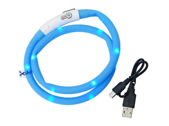 Ett blått LED-halsband i silikon med USB-laddningskabel, perfekt för alla hundar. Kragen har små LED-lampor inbäddade längs dess längd och en vit kontrollenhet med en strömknapp. USB-kabeln inkluderar en standard USB-A-kontakt i ena änden och en mikro-USB-kontakt i den andra.