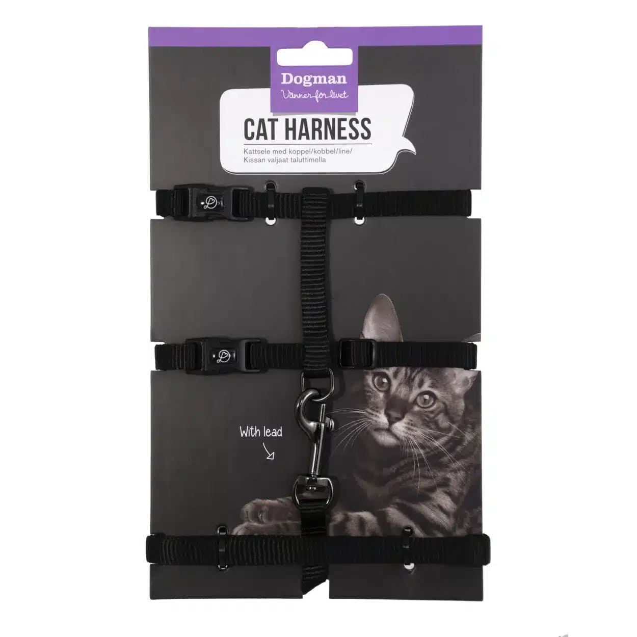 Bild på ett Dogman "Cat Harness"-paket. Selen är svart och visas på ett svart kort med ett foto av en grå tabby katt. Förpackningen innehåller en lila header med "Dogman Wear for Pet" och en avtagbar ledning medföljer selen.