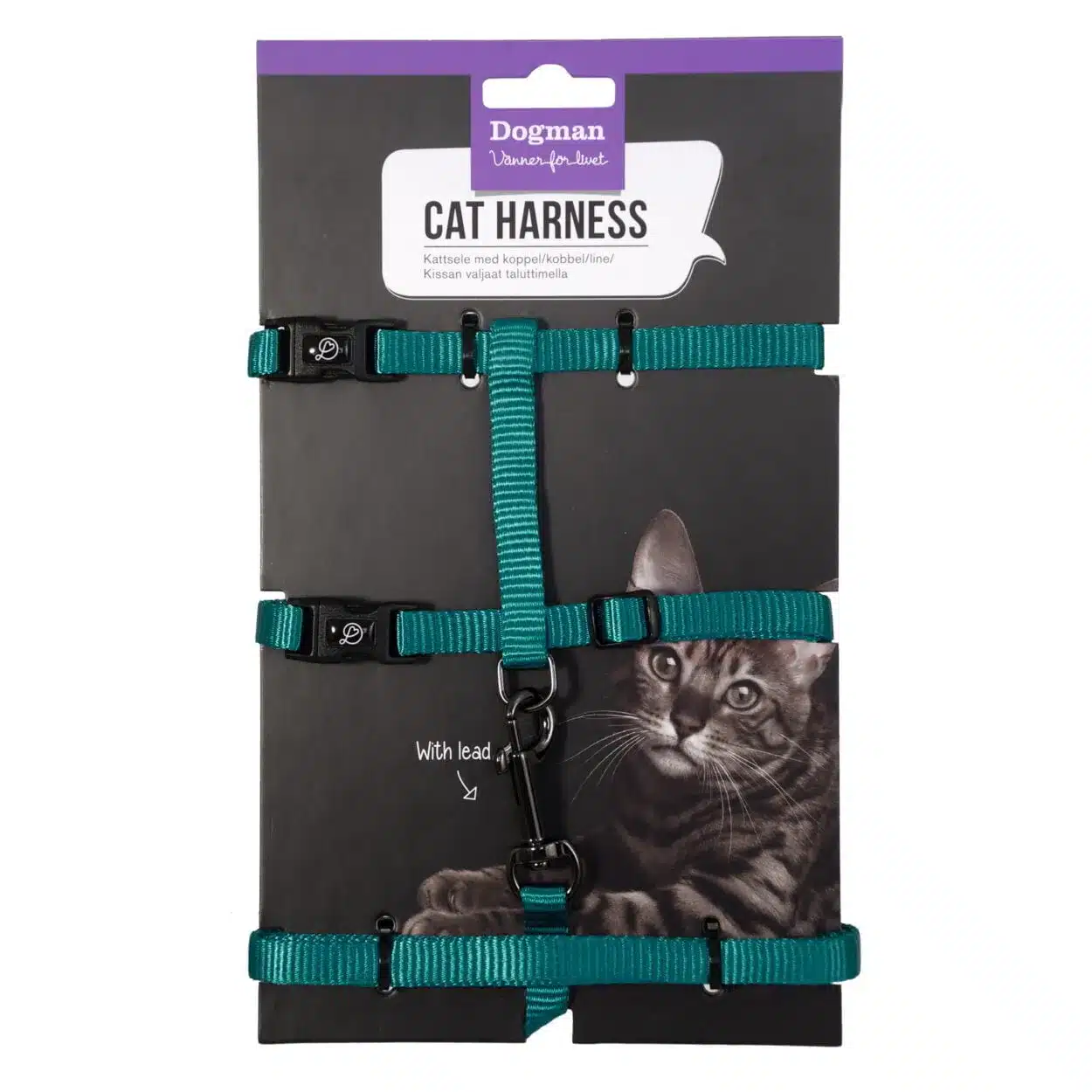 En förpackad grön kattsele med svarta spännen märkt "Dogman Cat Harness", med en bild av en tabby katt. Förpackningen anger att det kommer med ett bly och texten visas på flera språk.